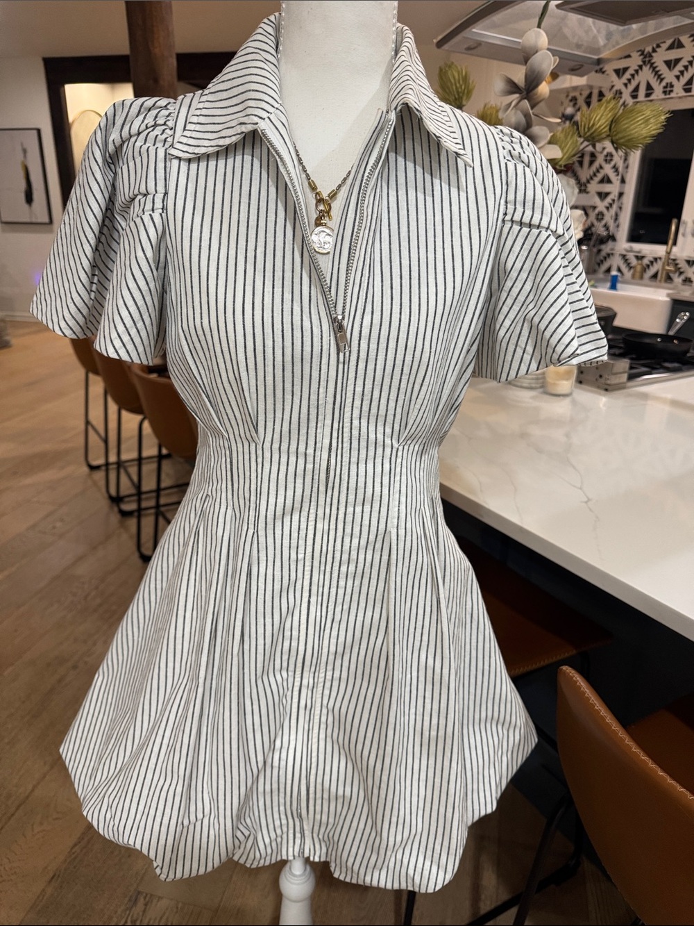 Olivaceous Black-and-White Striped Zip-Front Dress